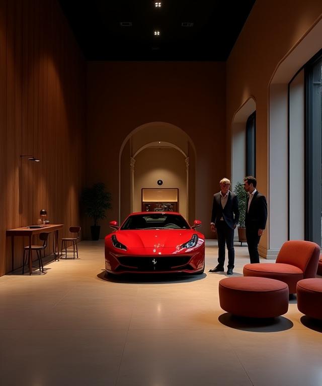 Interno lussuoso dello showroom di Diamante Motors con un cliente e un consulente